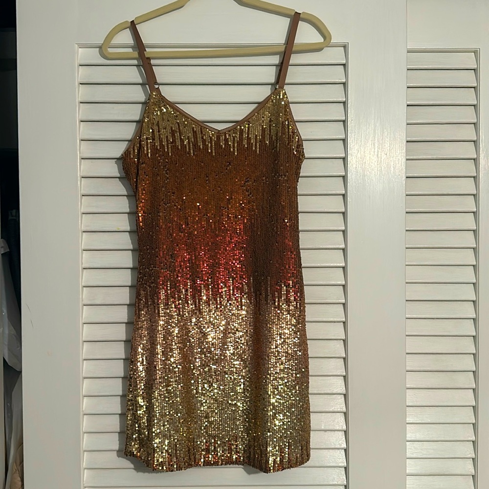 Taupe, brown, gold sequin dress